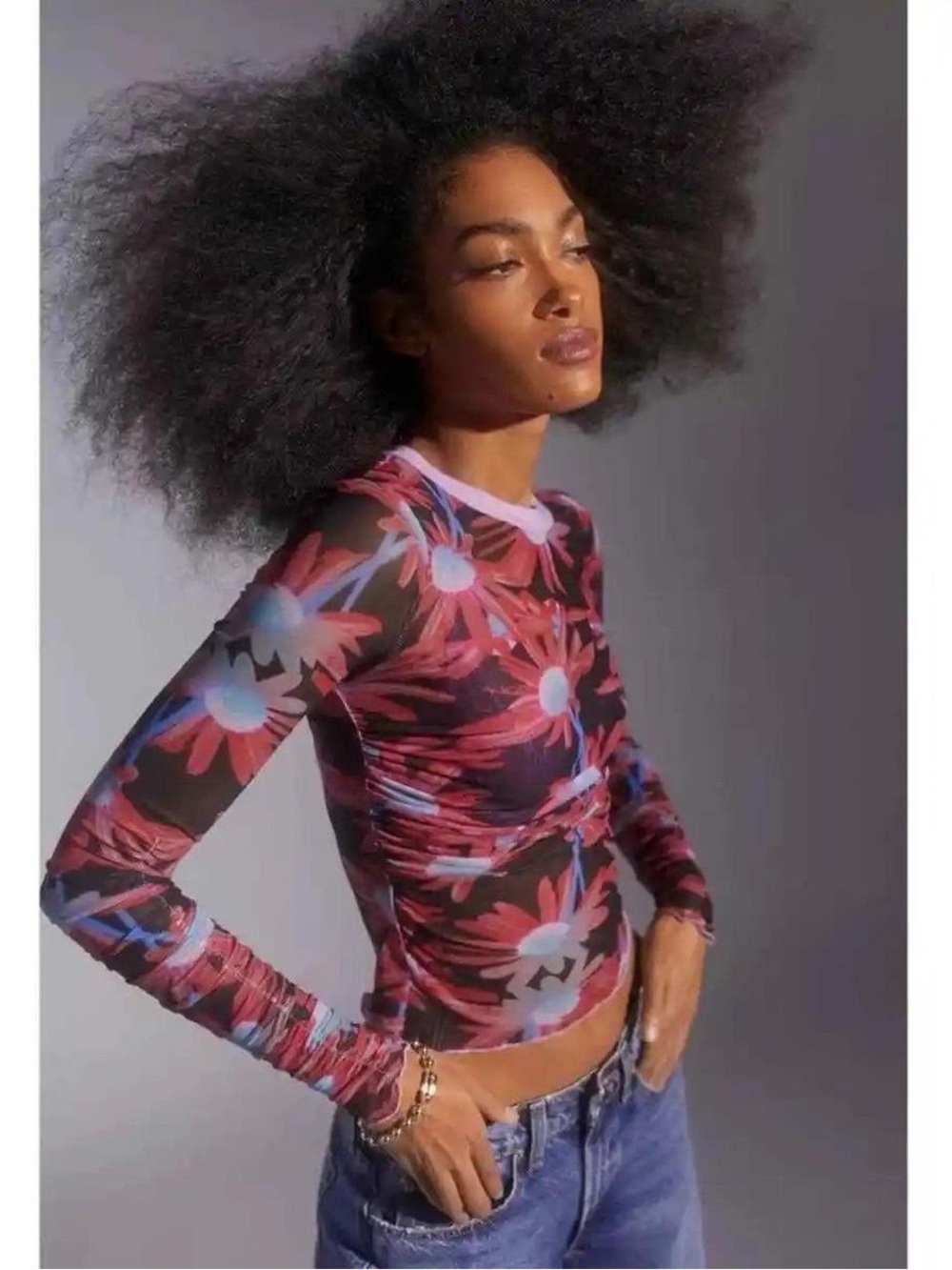 Urban Outfitters Sia Ruched Mesh Floral Print Semi-Sheer Maximalist Top Small
